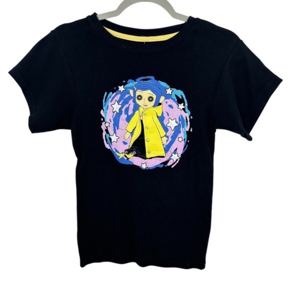 Coraline Movie Black Graphic T‎ Shirt Women's Size S Button Eyes Spooky NWT